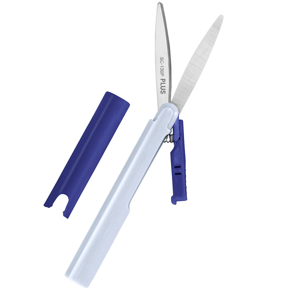 Twiggy curved blade scissors in pale blue and dark blue, shown open beside their dark blue blade cover