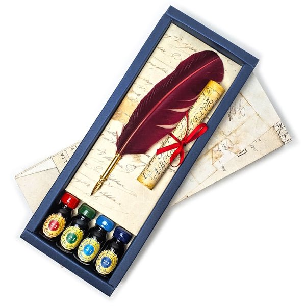 Nostalgic Impressions Feather Quill Calligraphy Set with 4 Inks and Scroll, Made in Italy