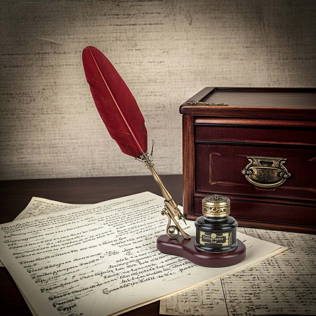 Burgundy feather quill pen and ink bottle on a wooden stand beside handwritten pages and a wooden writing box.