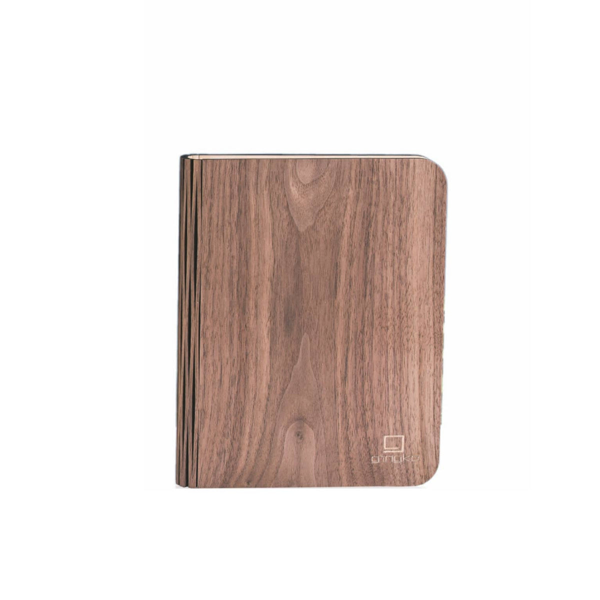 Gingko Smart Book Light closed, showing the grain of the walnut cover