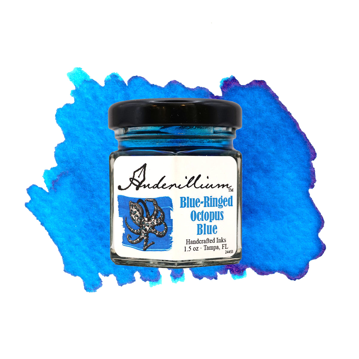 Anderillium Blue-Ringed Octopus Blue fountain pen ink, 1.5 oz bottle, with swatch