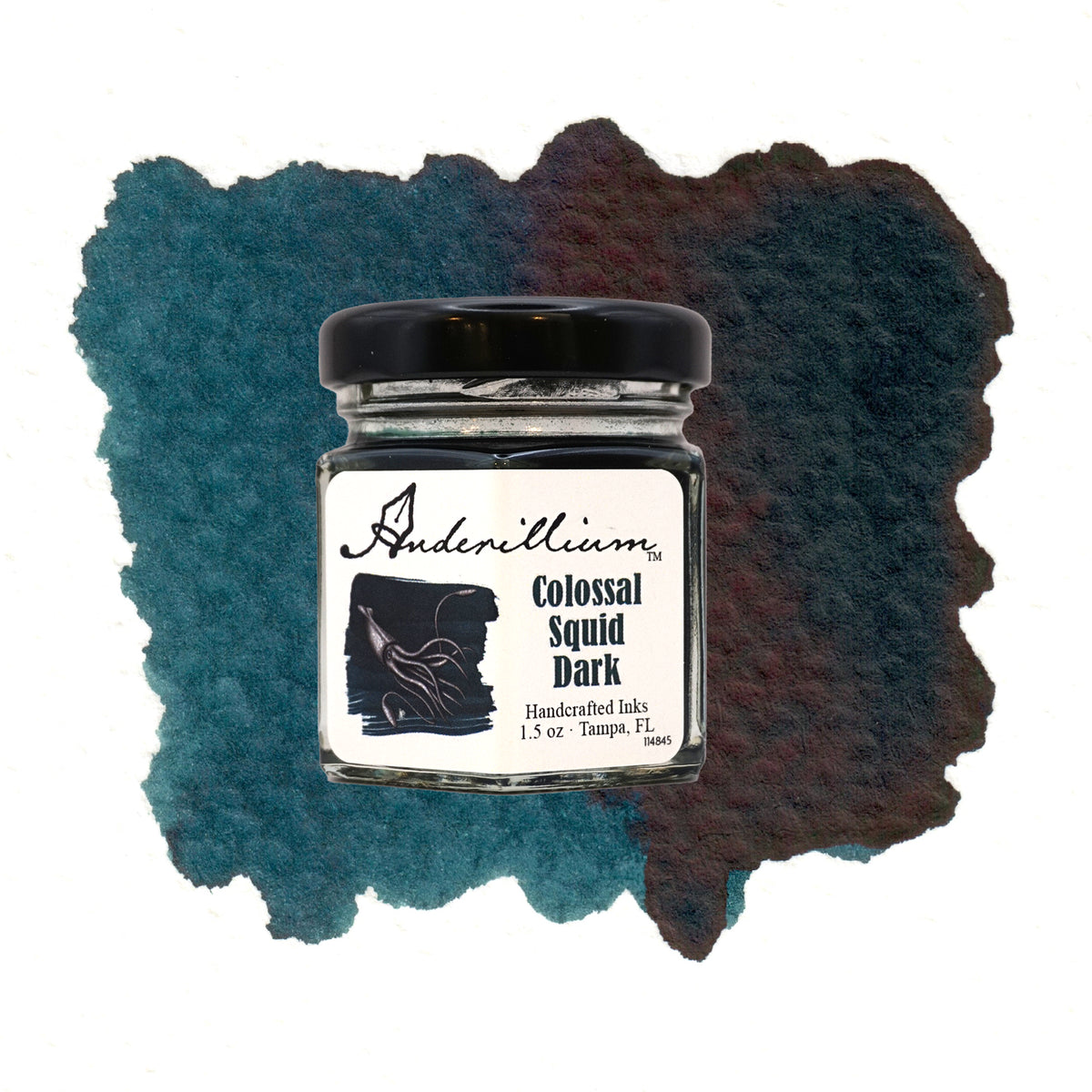 Anderillium Colossal Squid Dark fountain pen ink, 1.5 oz bottle, with swatch