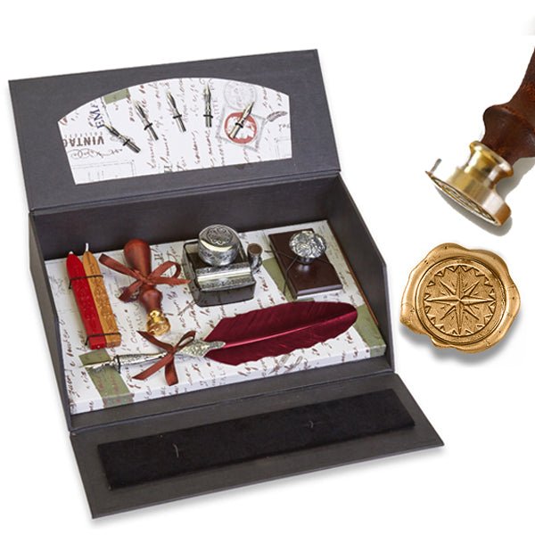 Nostalgic Impressions Calligraphy Desk Set with Quill Pen, Wax Seal Stamp, Inkwell and Wood Blotter