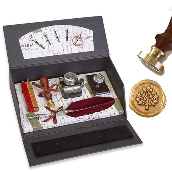 Nostalgic Impressions Calligraphy Desk Set with Quill Pen, Wax Seal Stamp, Inkwell and Wood Blotter