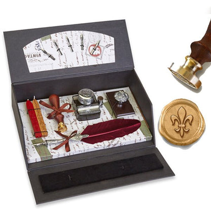 Nostalgic Impressions Calligraphy Desk Set with Quill Pen, Wax Seal Stamp, Inkwell and Wood Blotter
