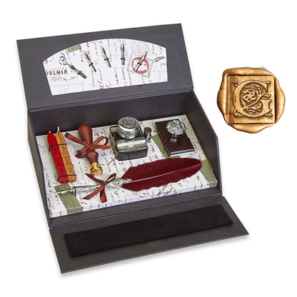 Nostalgic Impressions Calligraphy Desk Set with Quill Pen, Wax Seal Stamp, Inkwell and Wood Blotter