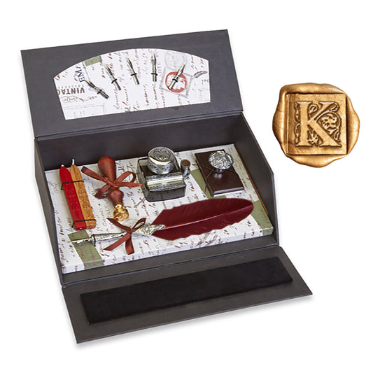 Nostalgic Impressions Calligraphy Desk Set with Quill Pen, Wax Seal Stamp, Inkwell and Wood Blotter