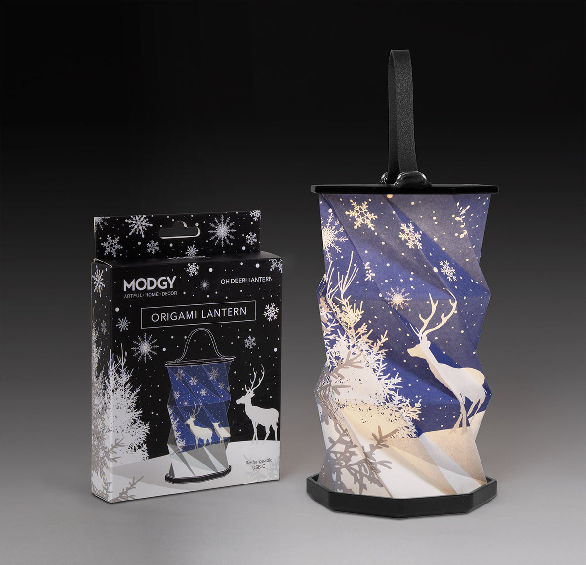 OhDeer origami lantern lit, beside its package