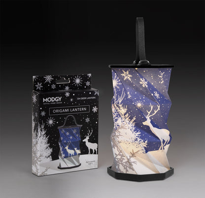 OhDeer origami lantern lit, beside its package