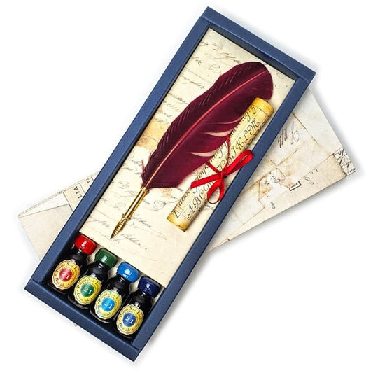 Nostalgic Impressions Feather Quill Calligraphy Set with 4 Inks and Scroll, Made in Italy