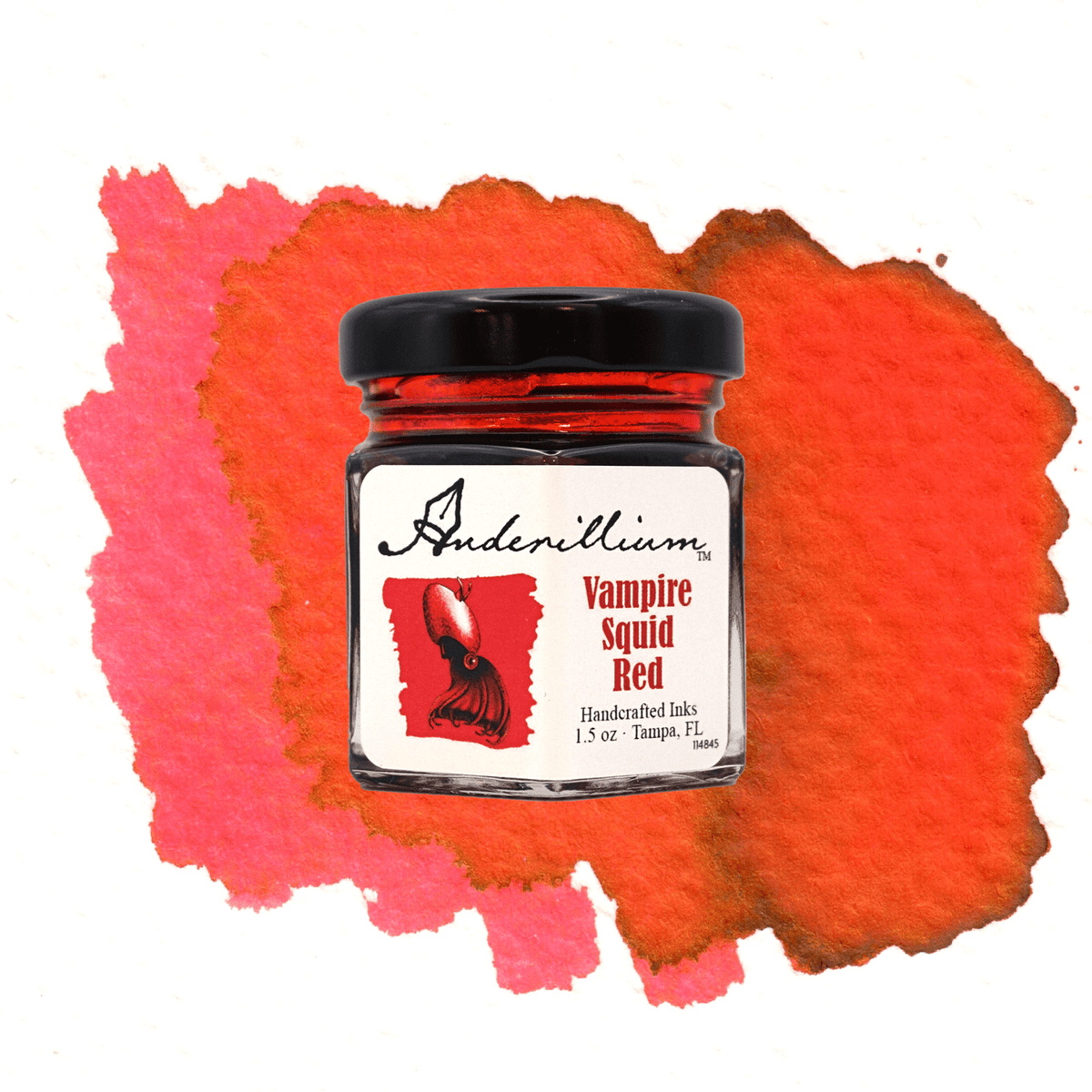 Anderillium Vampire Squid Red fountain pen ink, 1.5 oz bottle, with swatch