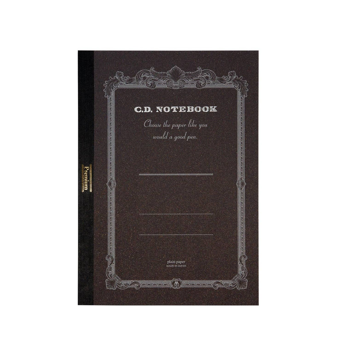 Apica Premium A5 notebook, charcoal cover with foil lettering, front view