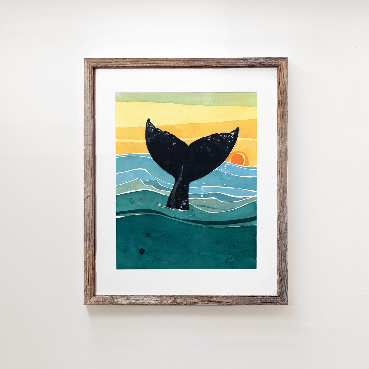 Watercolor print of a whale tail rising from turquoise and green waves with an orange sun on the horizon